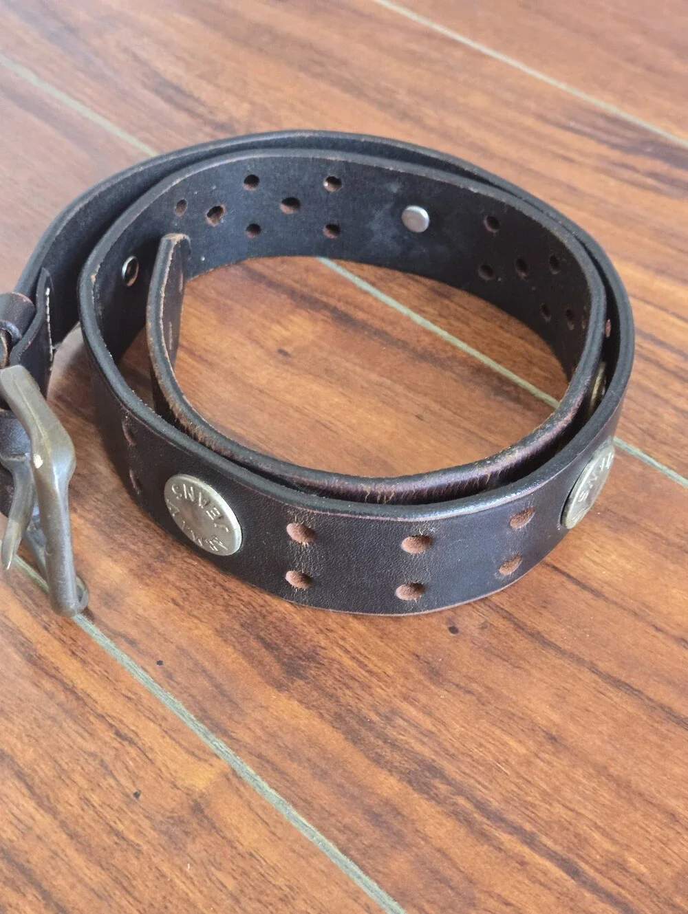 Vintage Armani Distressed Brown Leather Belt Western Grunge Metal Stud Accents